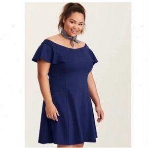 TORRID Dress Navy Blue Off Shoulder Ruffle Accent Fit and Flare Stretch Ponte